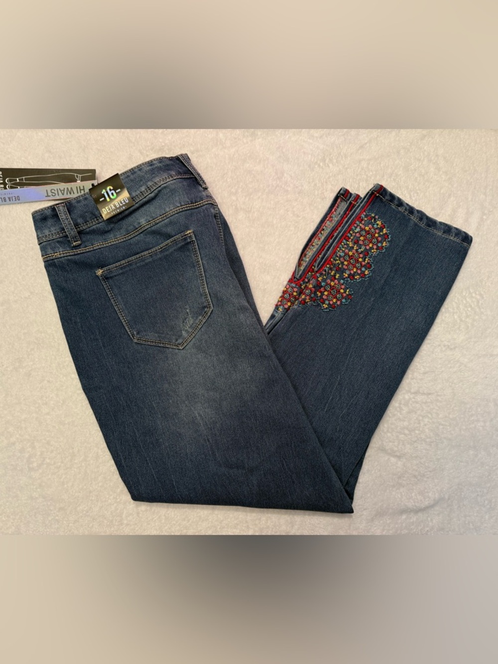 Deja Bleu Hi-Waist Floral Embroidered Ankle Slit Stretch Jeans Size 16
